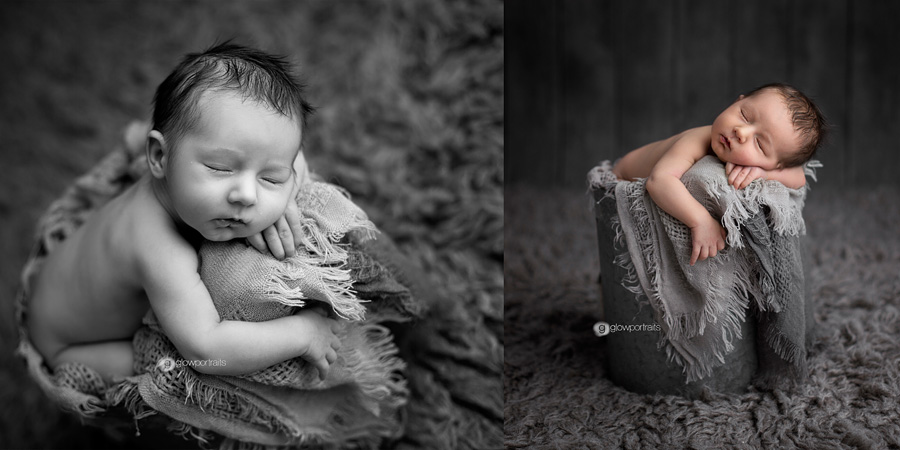 newborn in tin bucket on gray flokati